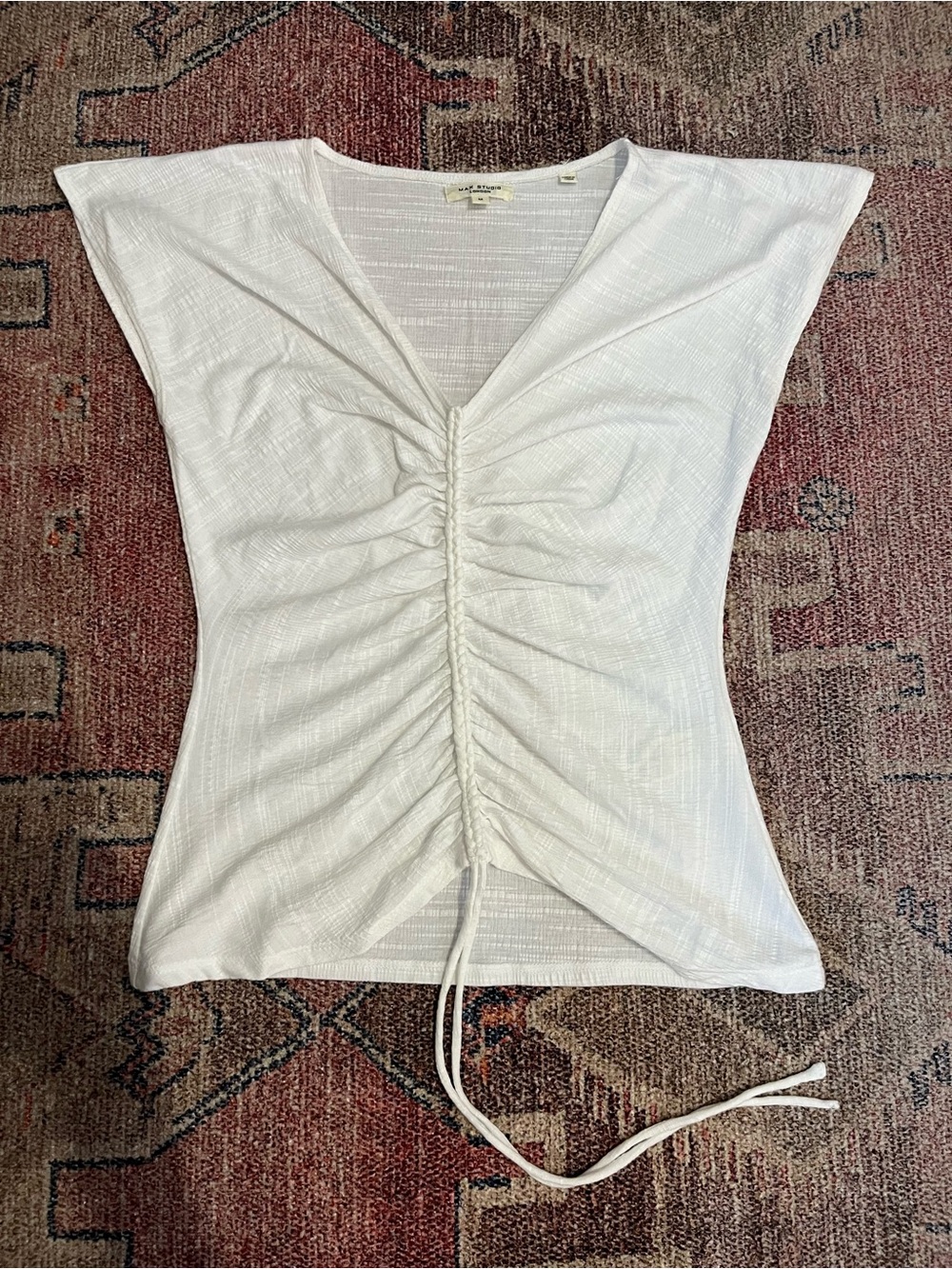 Max Studio white top, cinched front, braided drawstring  v neck sm